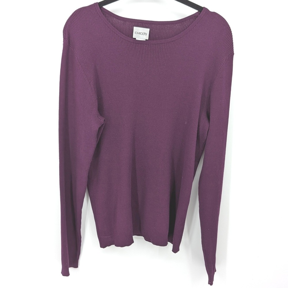 Chicos Ribbed Silk Blend Sweater Women Large Purple Long Sleeve Lightweight